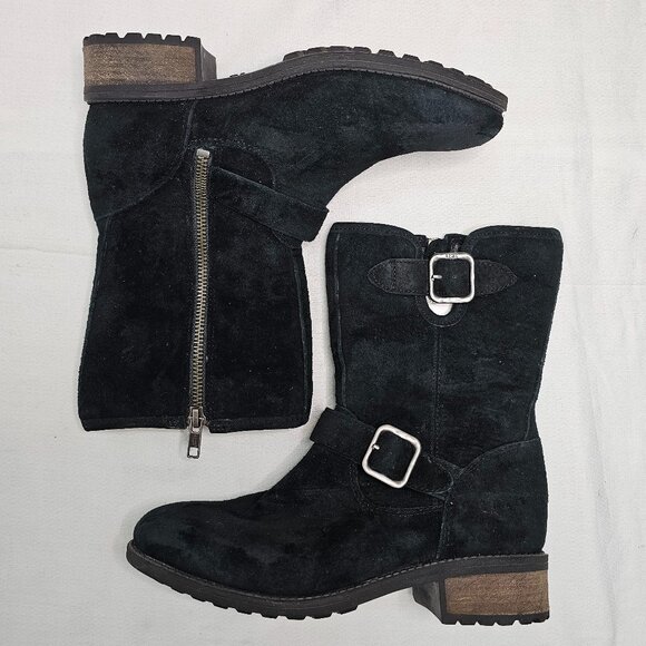 UGG Australia Black Suede Leather Shearling Zip Mid Calf Boots Women's Size 6 - Picture 6 of 11